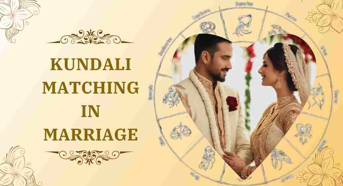 A couple embracing with a love symbol and zodiac signs, representing Kundali Matching for marriage.