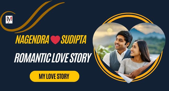 A romantic couple, Nagendra and Sudipta, embracing lovingly, symbolizing their romantic love story.
